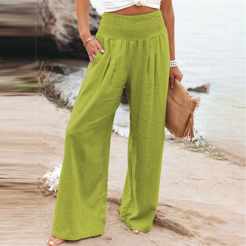 Women Cotton Linen Loose Wide Leg Pants Light Green
