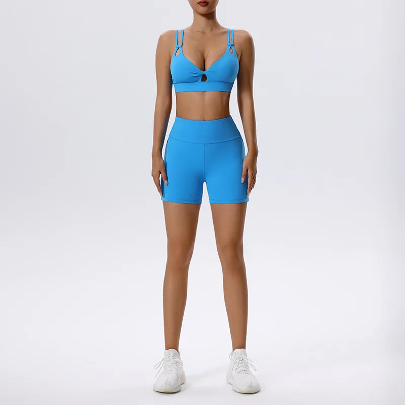 2 piece Yoga Sportswear Bra & Leggings Set Blue shorts set
