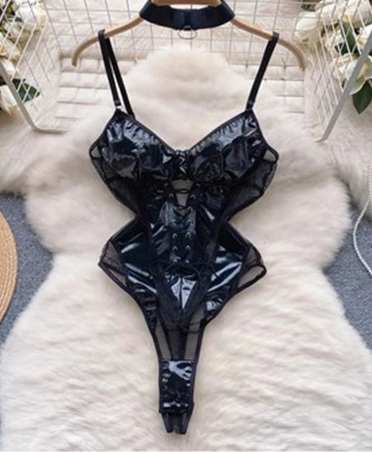 Lace-up PU Hollow One Piece Faux Leather body lingerie Black