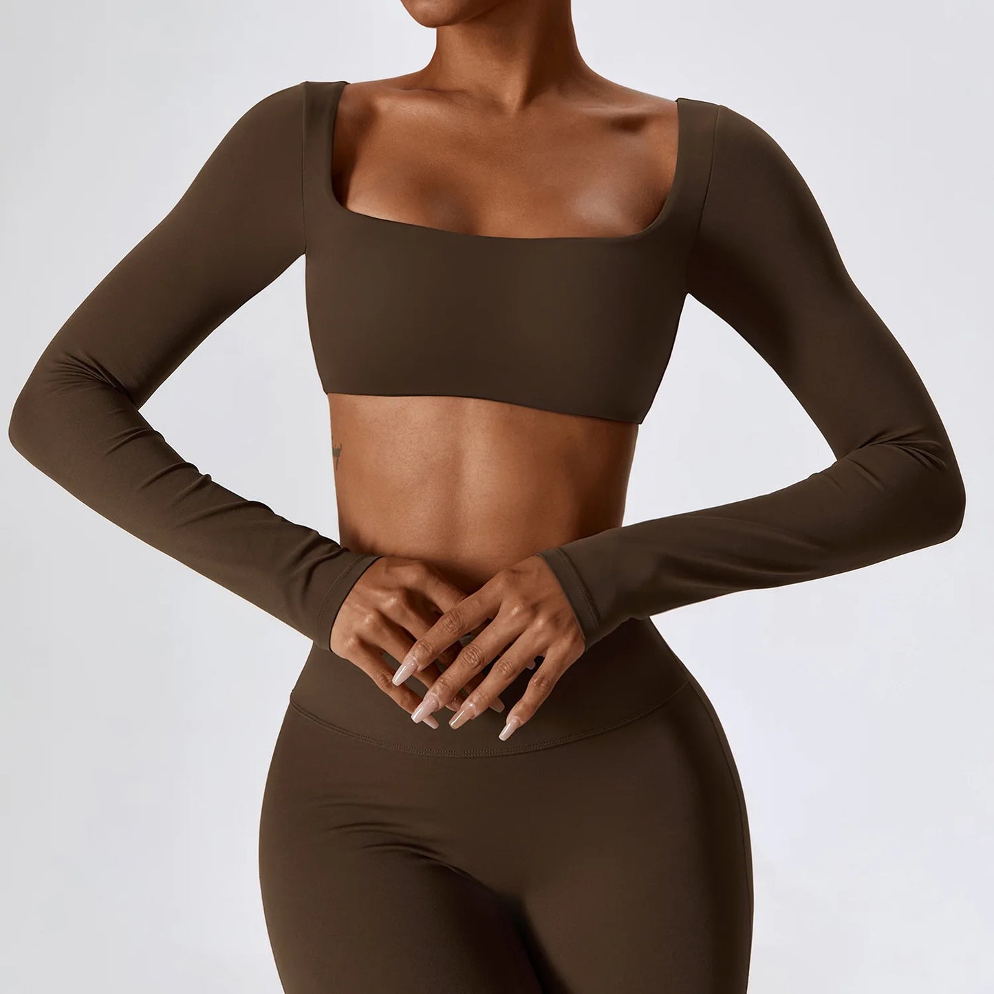 Long Sleeve square neck Workout Gym Top Jiaocha Coffee