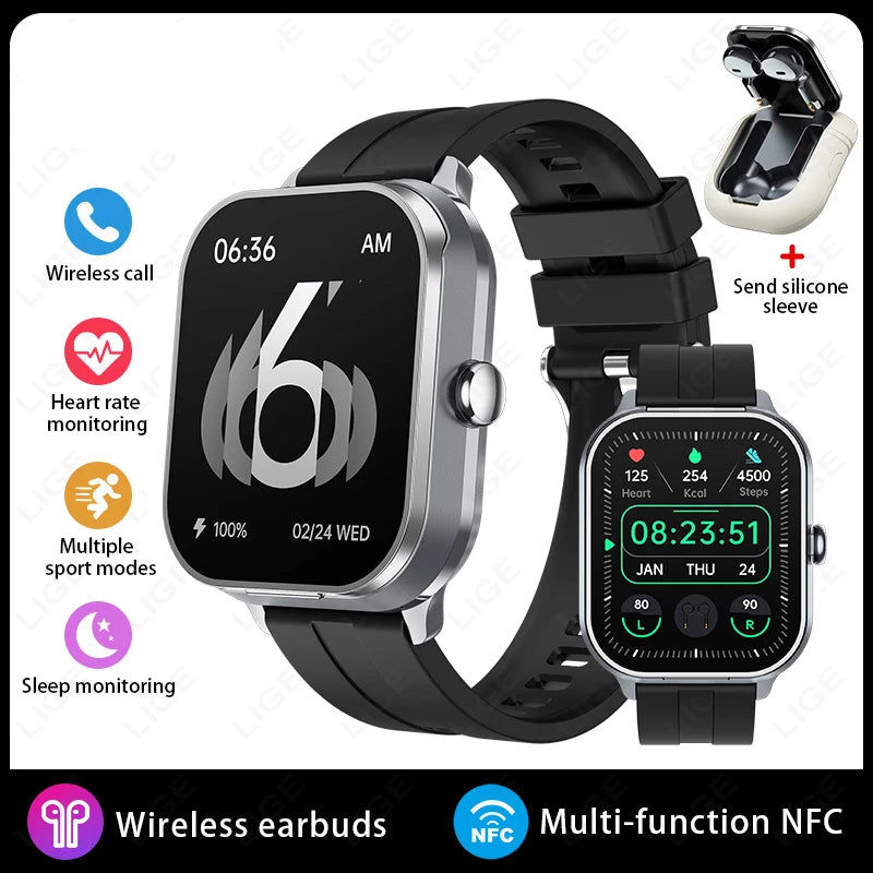 2.01 inch TWS 2-in-1 Earphones Bluetooth Call NFC Heart Rate Blood Pressure Health Monitor Music Smartwatch sliver