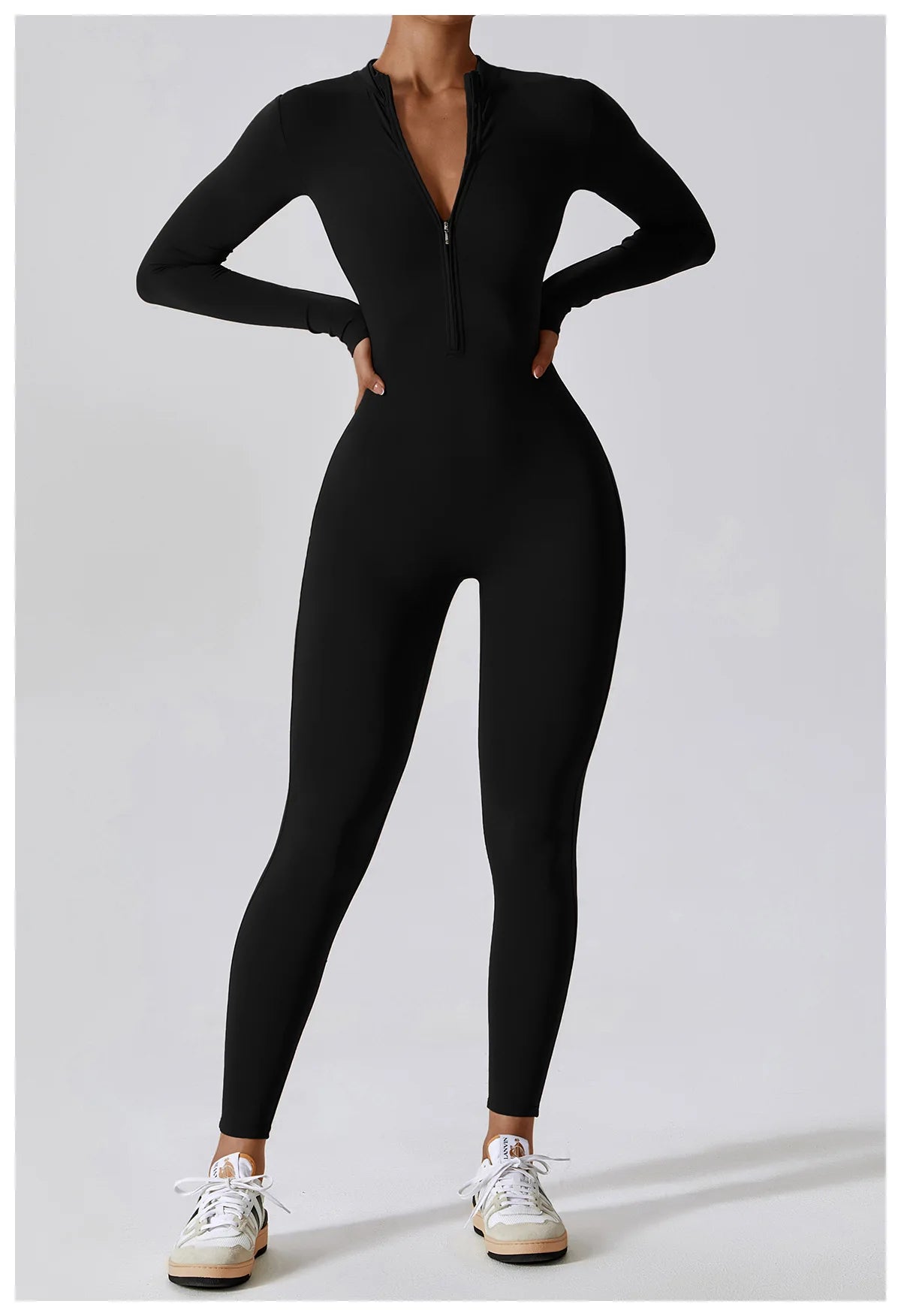 Zipper long sleeve Elastic One-Piece gym workout Bodysuit