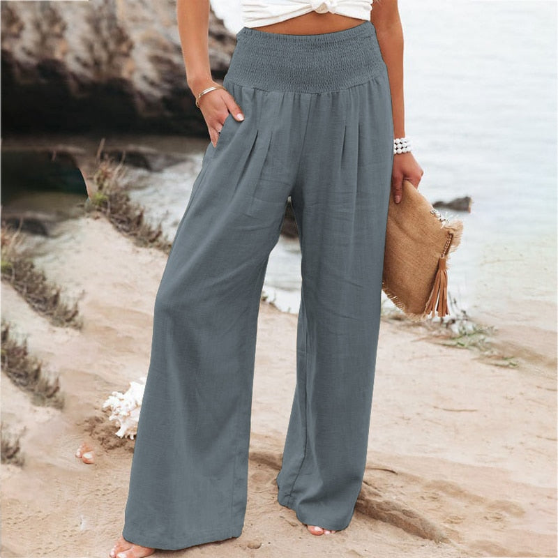 Women Cotton Linen Loose Wide Leg Pants Grey