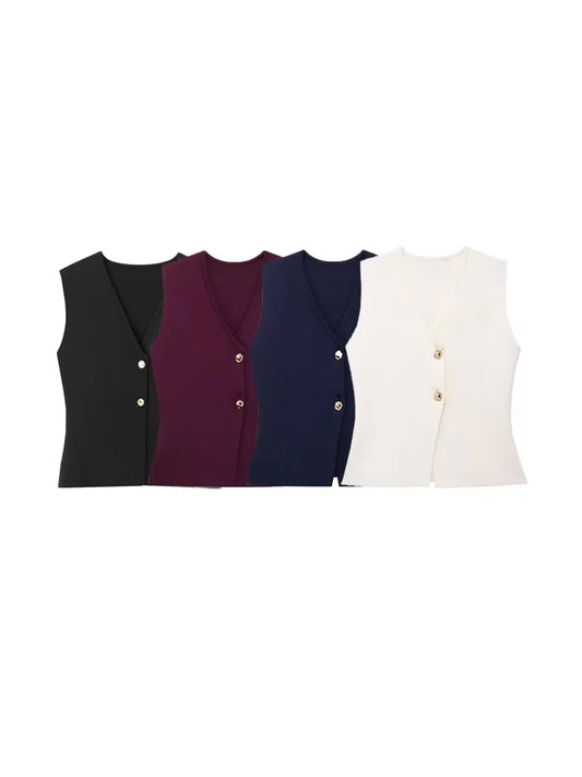 Gold Button Knit V Neck Sleeveless vest tops