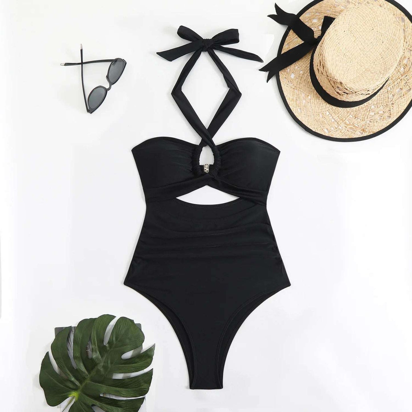 Hollow Out Push Up halter neck one piece swimsuit black