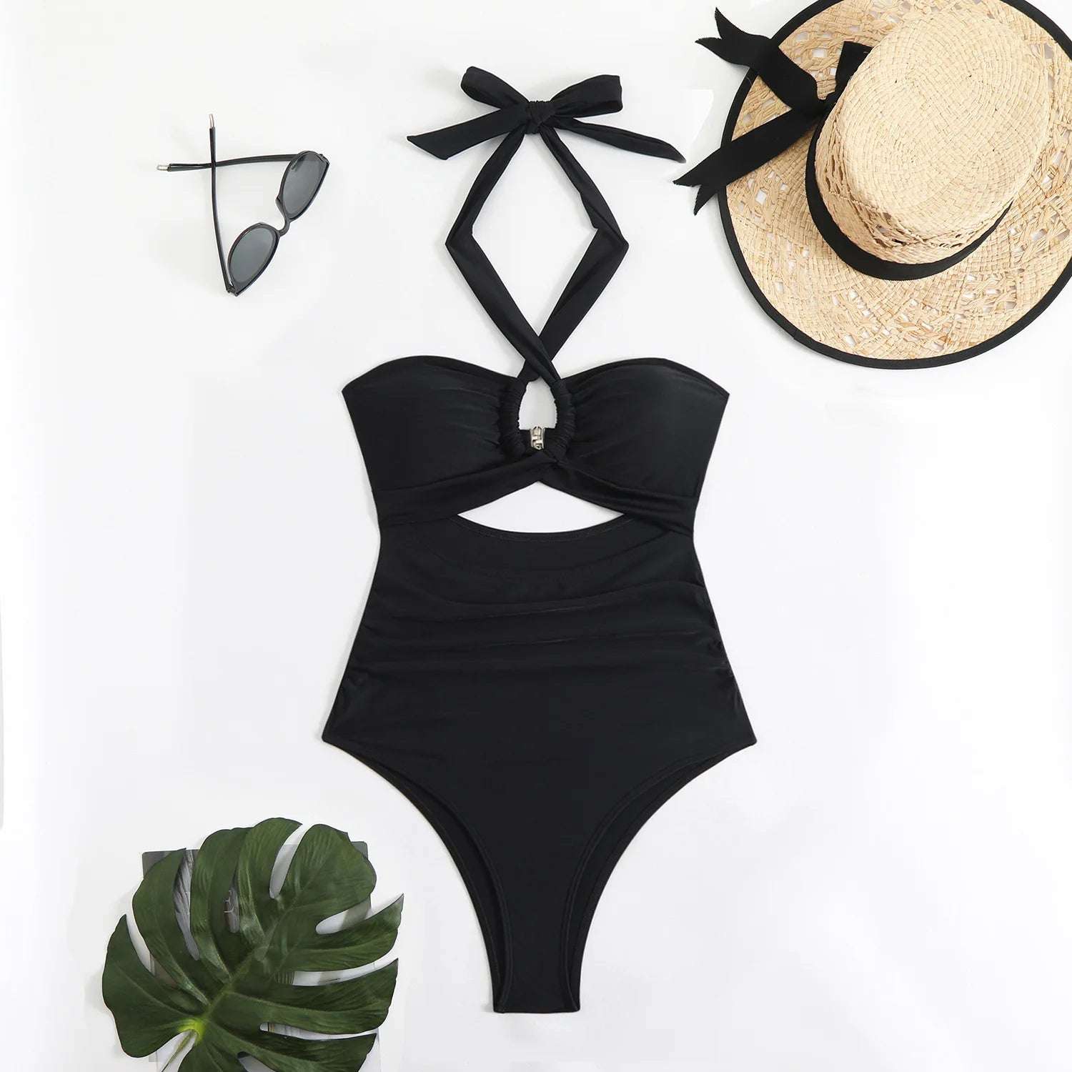 Hollow Out Push Up halter neck one piece swimsuit black