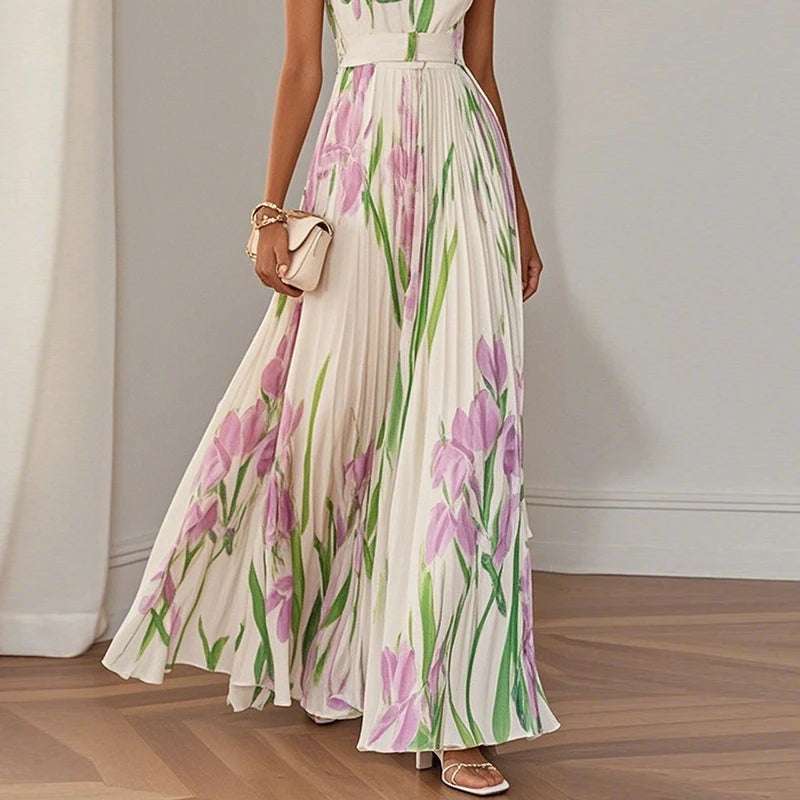 Square Collar sleeveless Floral Print maxi Dress