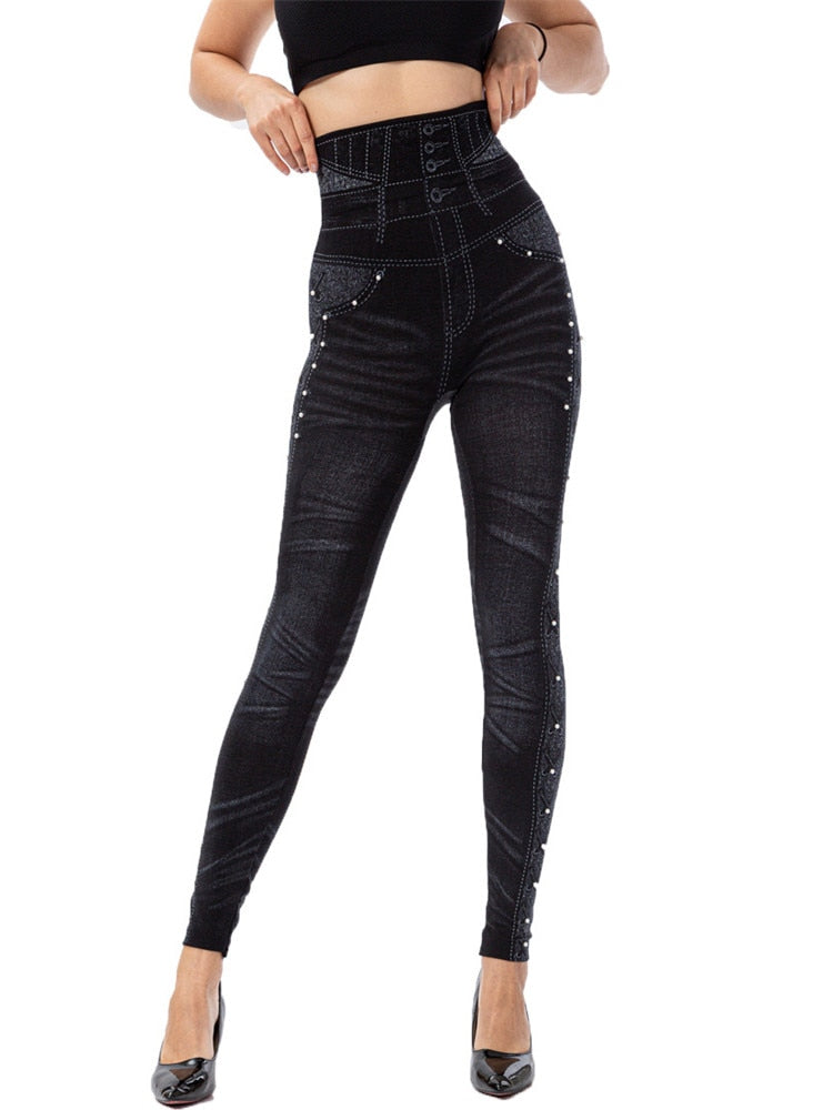 Women Faux Denim Jeans Black