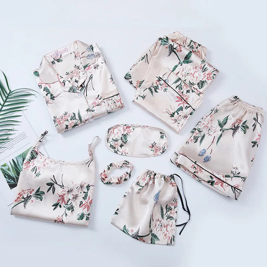 Print satin Seven Piece pyjama Set