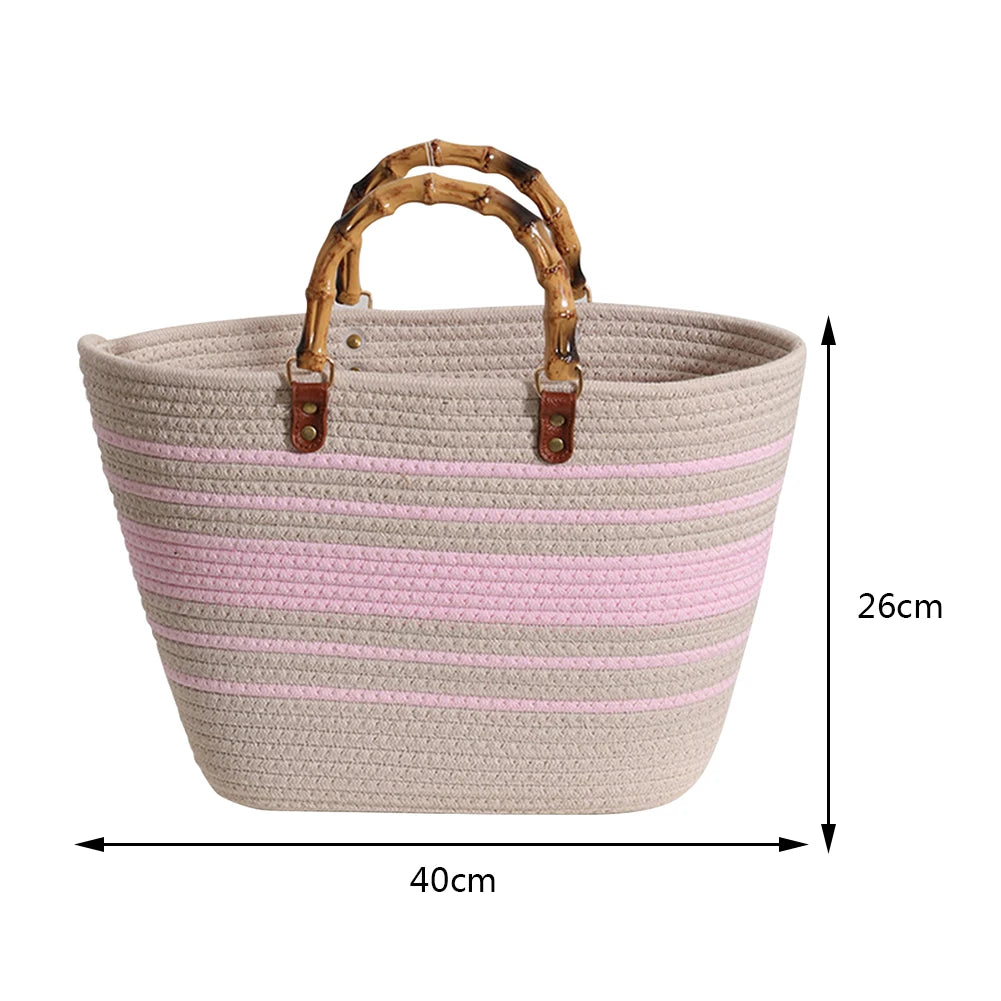 Woven tote Summer Beach Bag with Bamboo style Handle Style 5