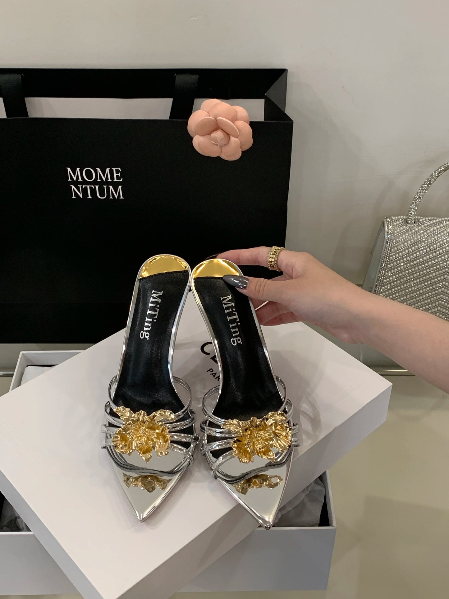 Metal look Flower Open Toe Mule High Heel Sandals