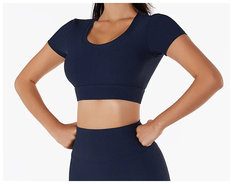 Short Sleeve round neck crop bralette High Waist Leggings Gym Fitness Set