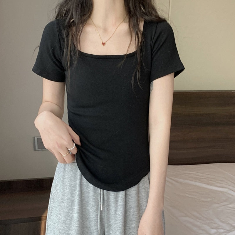 Women Long Sleeve Square Neck Top Short Sleeve Black