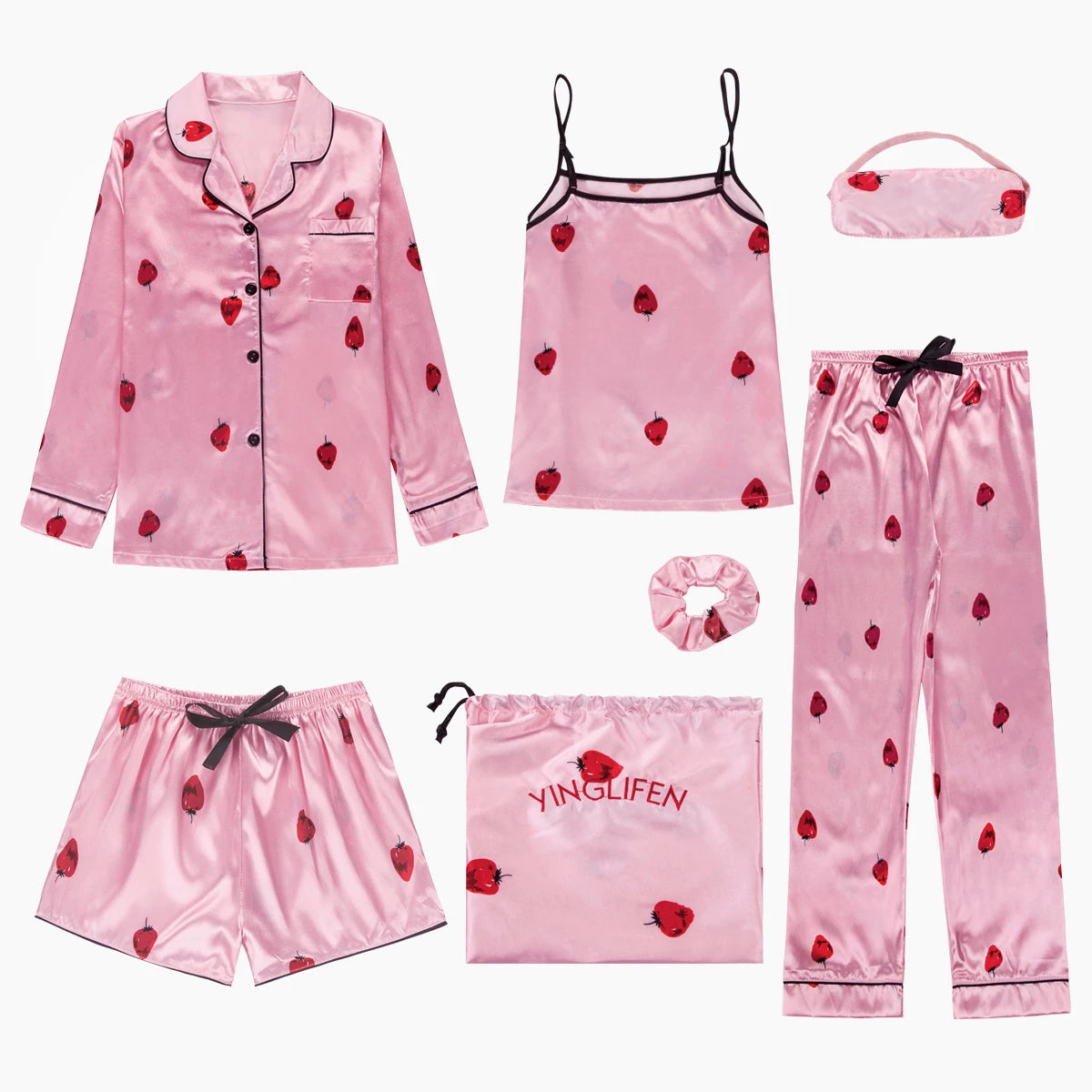 Spring Summer 7 Pcs satin Pajamas Set