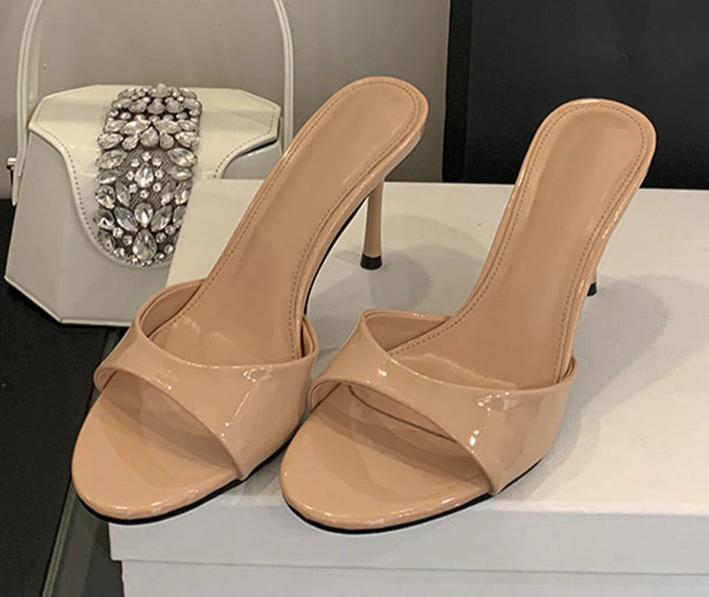 One band Patent Leather Mules High Heel Sandals Apricot