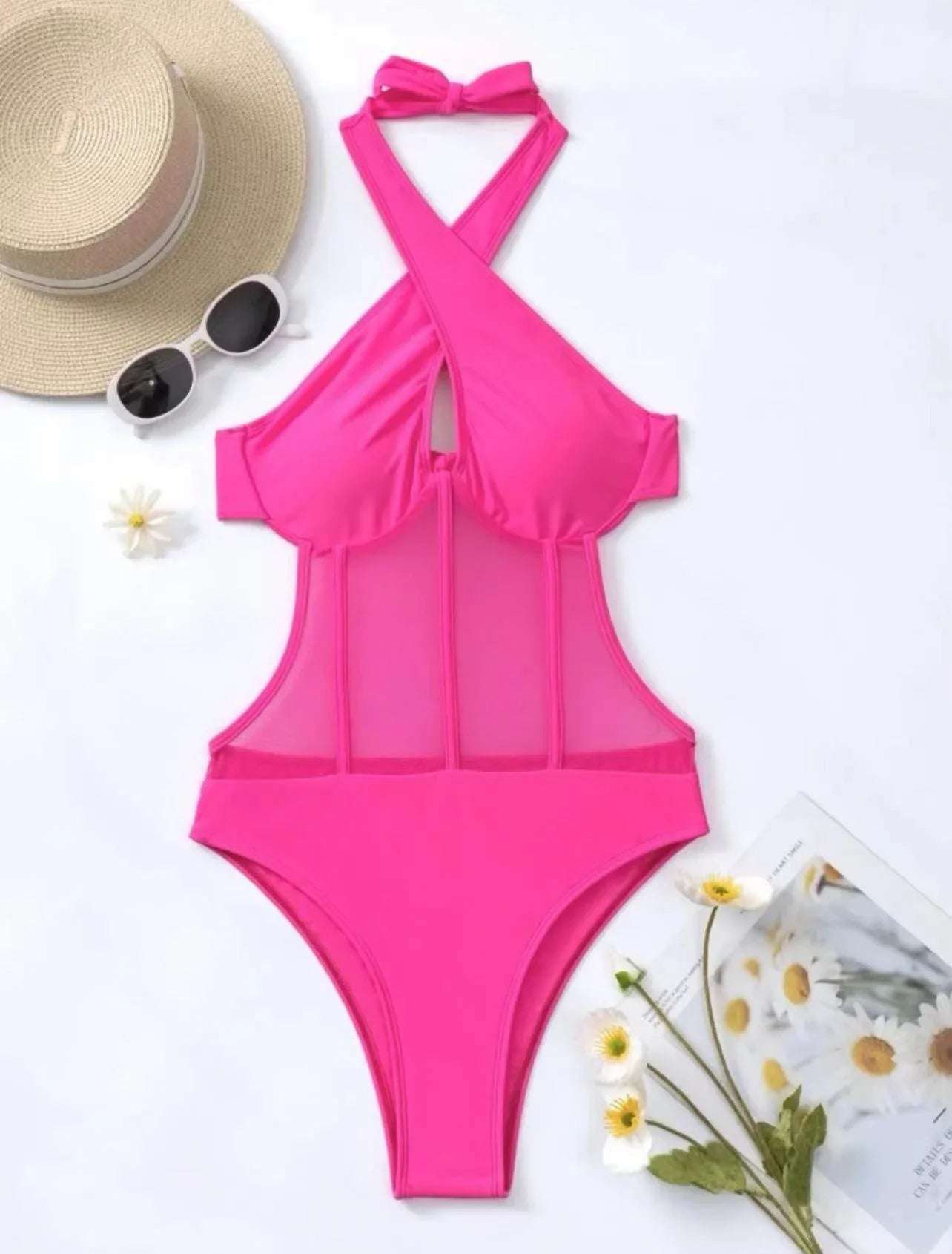 Halter neck Criss Corss mesh one piece swimsuit