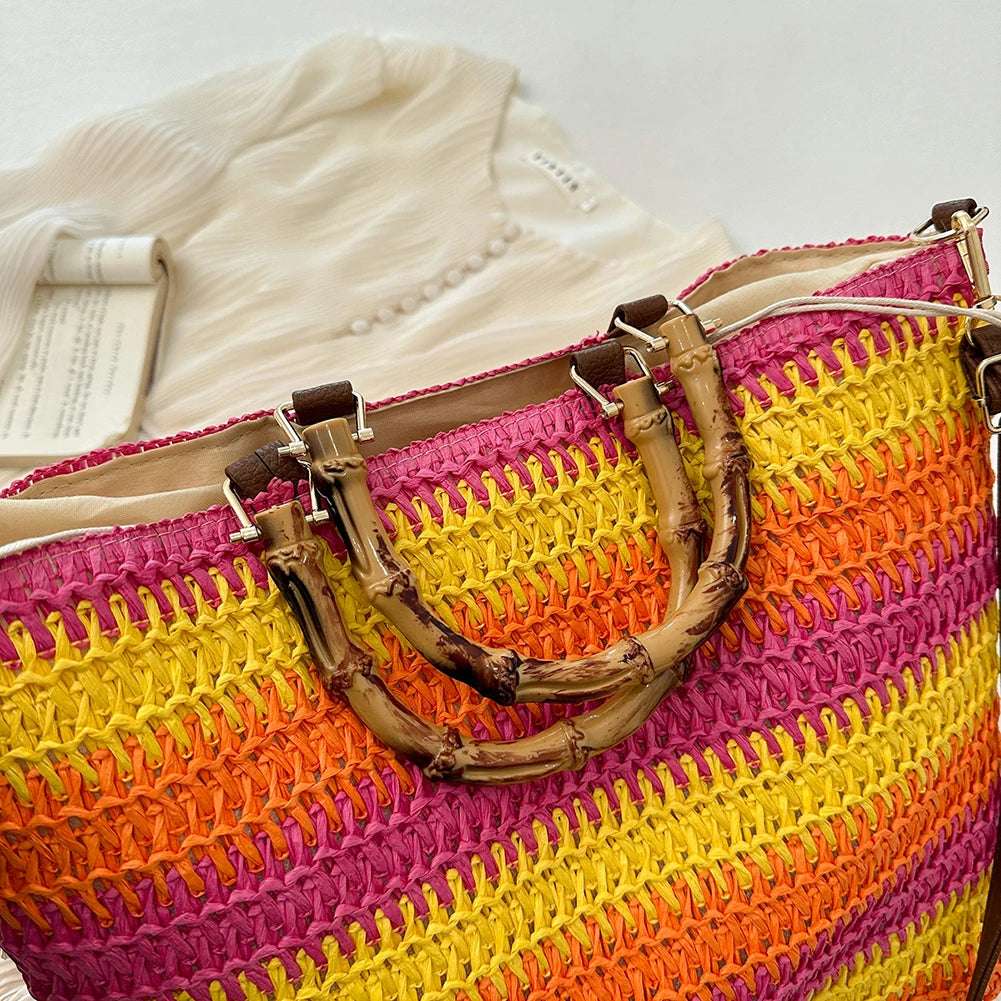 Straw Woven handbag with Bamboo style Handle