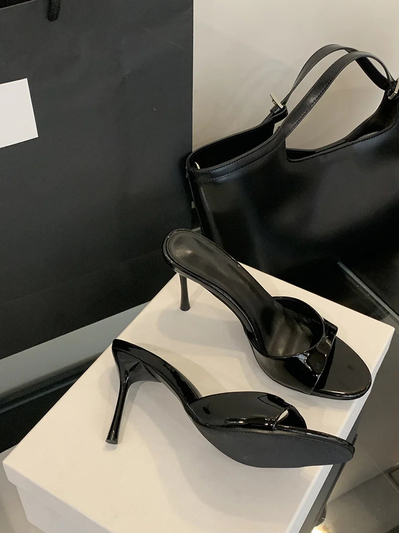 One band Patent Leather Mules High Heel Sandals