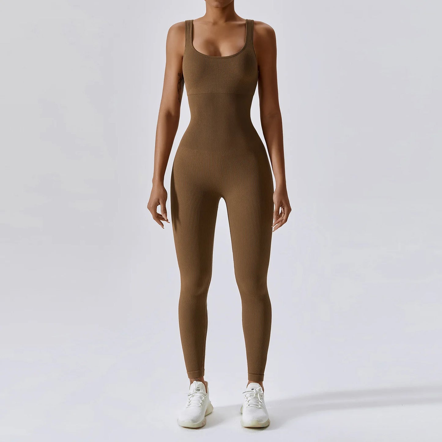 Seamless One Piece Ribbed Workout yoga bodysuit Coffee color