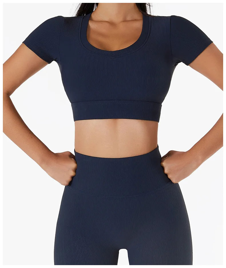 Short Sleeve round neck crop bralette High Waist Leggings Gym Fitness Set