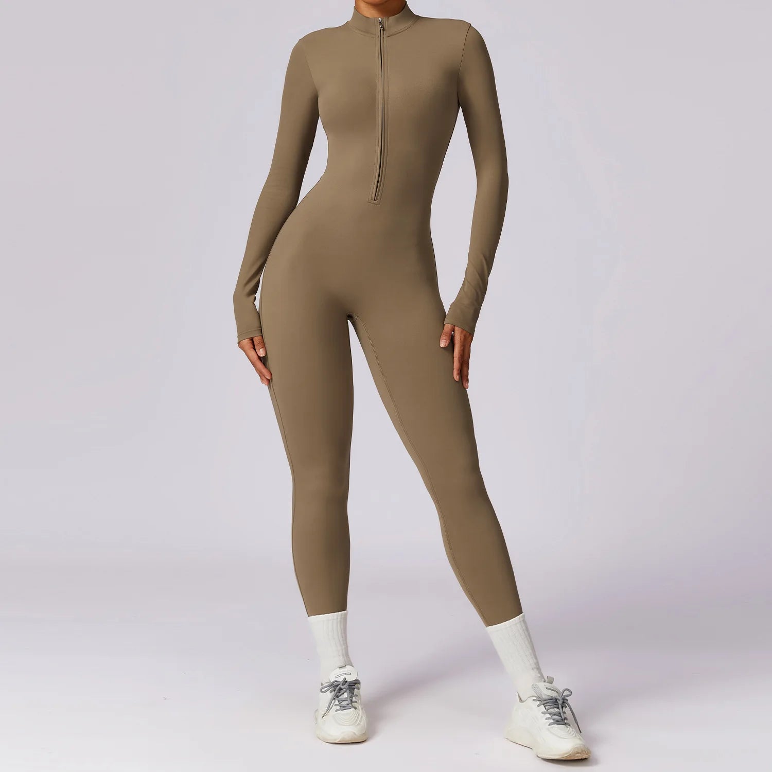 Zipper long sleeve Elastic One-Piece gym workout Bodysuit Camel brown