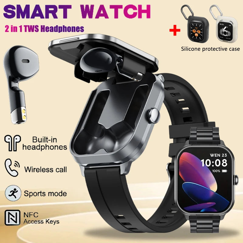 2.01 inch TWS 2-in-1 Earphones Bluetooth Call NFC Heart Rate Blood Pressure Health Monitor Music Smartwatch