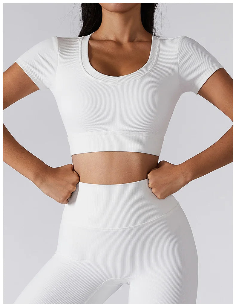 Short Sleeve round neck crop bralette High Waist Leggings Gym Fitness Set