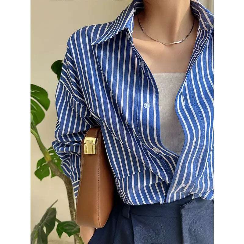 Blue Striped Chiffon Blouse Shirt for Women
