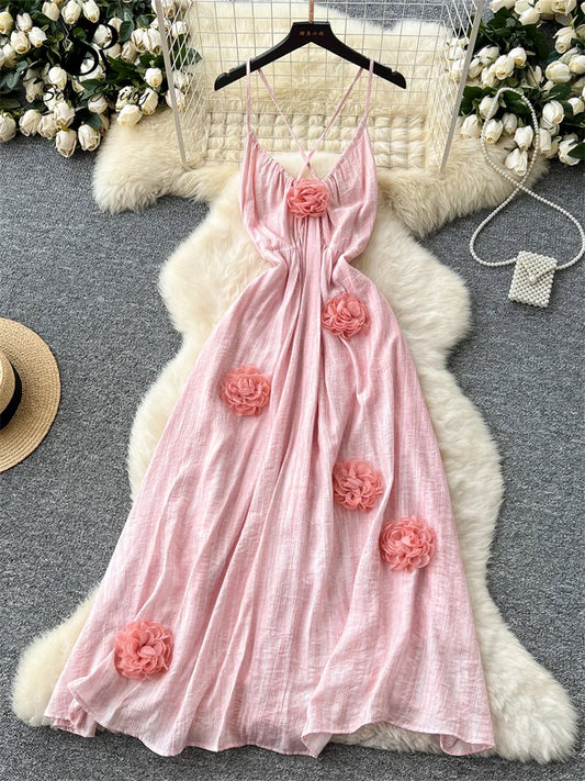 V Neck 3D Flower A Line Backless Spaghetti Strap Long Dress pink