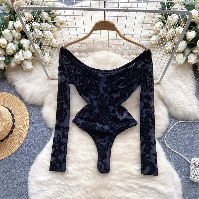 Sexy Lace Print Flock off Shoulder Long Sleeve body suit lingerie