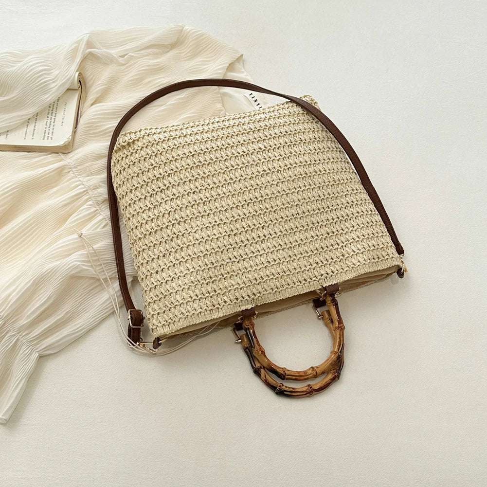 Straw Woven handbag with Bamboo style Handle