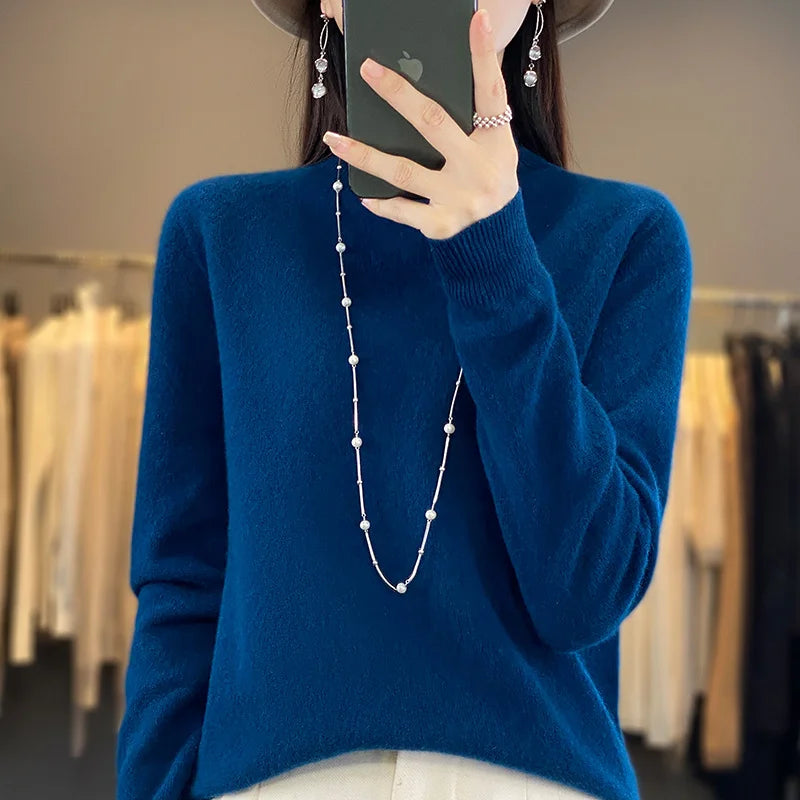 100% Merino Wool Sweater Women Knitwear Seaweed Blue CHINA