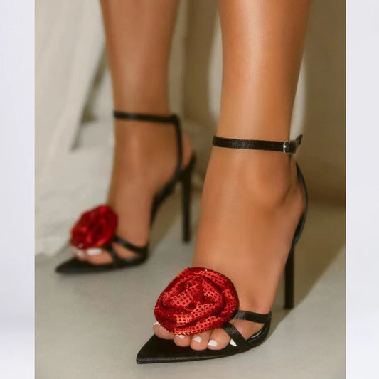 Crystal Flower Ankle Buckle Strap Thin Heel Denim Sandals