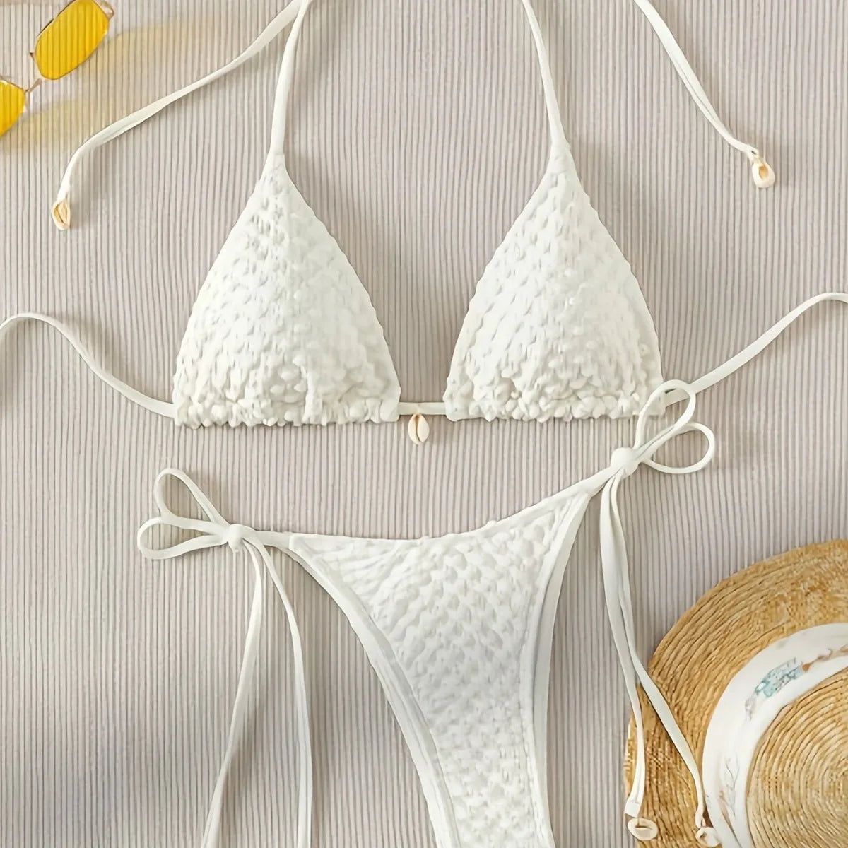 White Shell String Halter Triangle Bikini Set WHITE