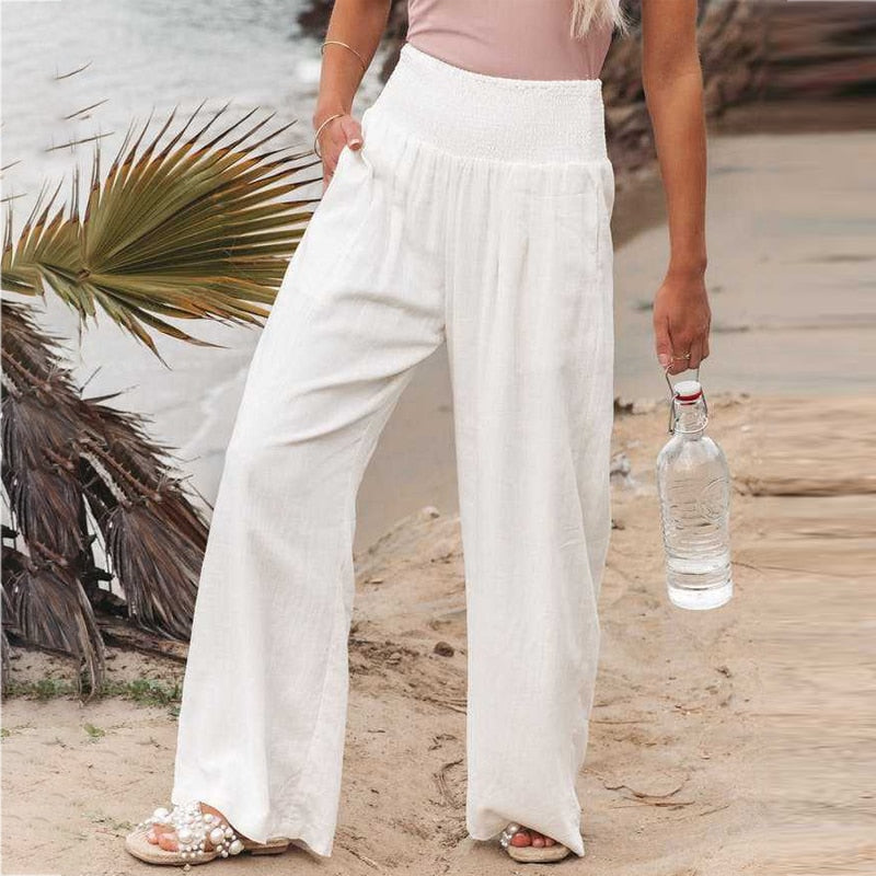 Women Cotton Linen Loose Wide Leg Pants White