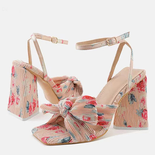 Womens bowknot Buckle Strap crepe fabric High Heel sandals