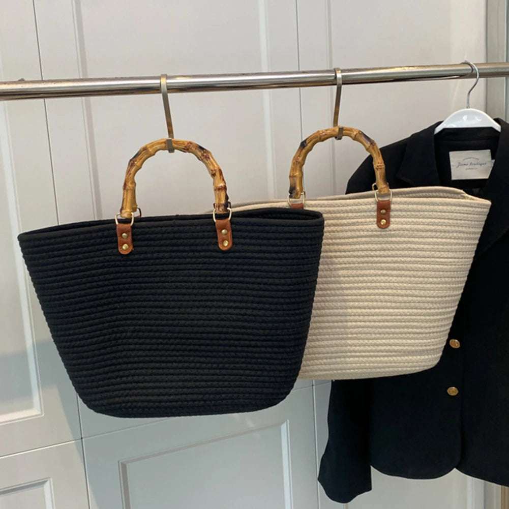 Woven tote Summer Beach Bag with Bamboo style Handle