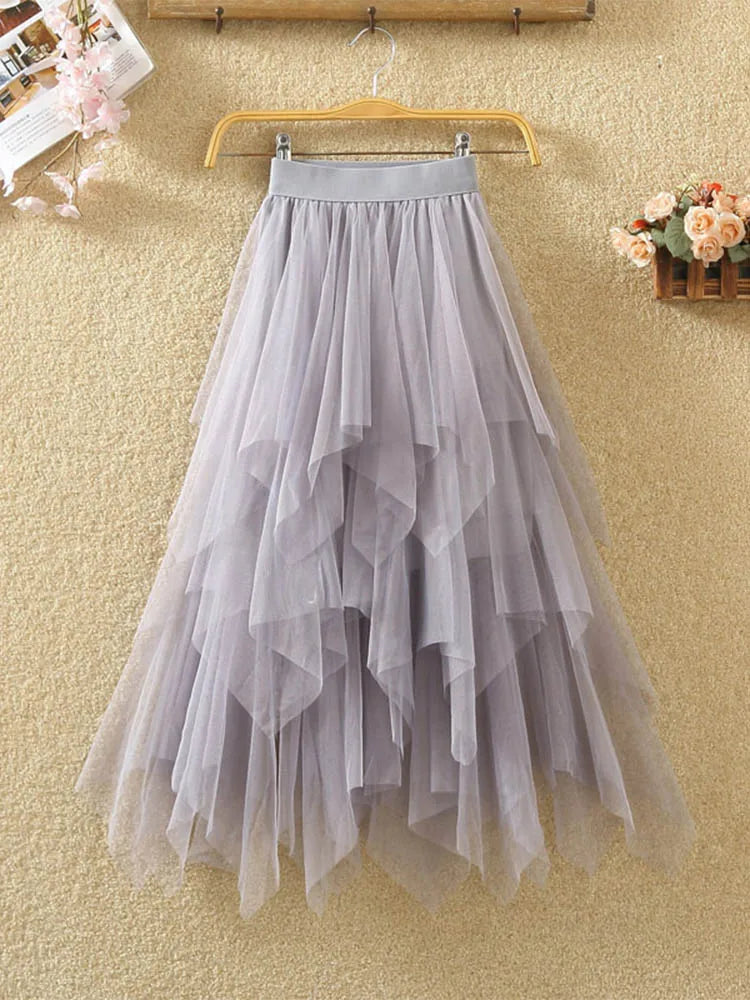 Irregular Elastic High Waist Mesh Tulle Skirt