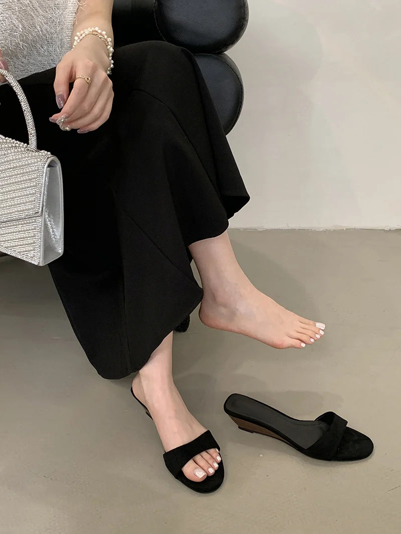 Narrow Band suedette low Wedge Sandals