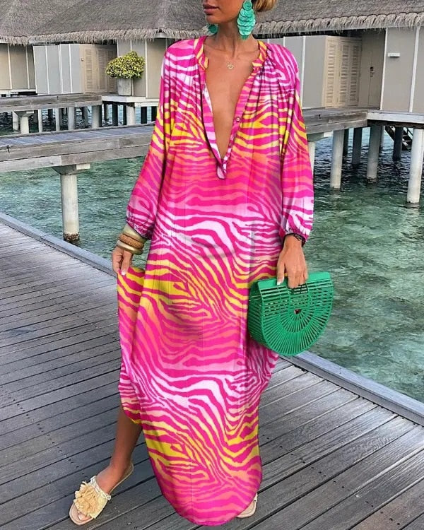 Summer Deep V-Neck Long Sleeve Long Dresses Stripe