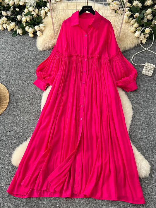 Vintage Loose Lantern Sleeve Dress rose red One Size