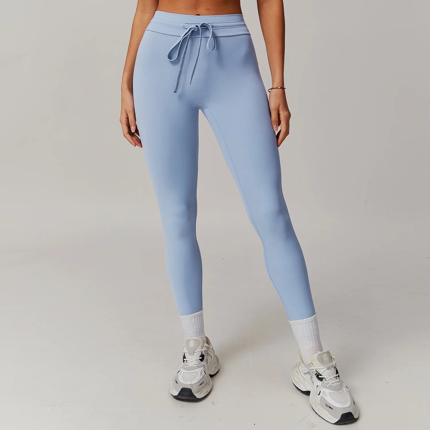 Drawstring High Waist Fitness Leggings Grey Blue