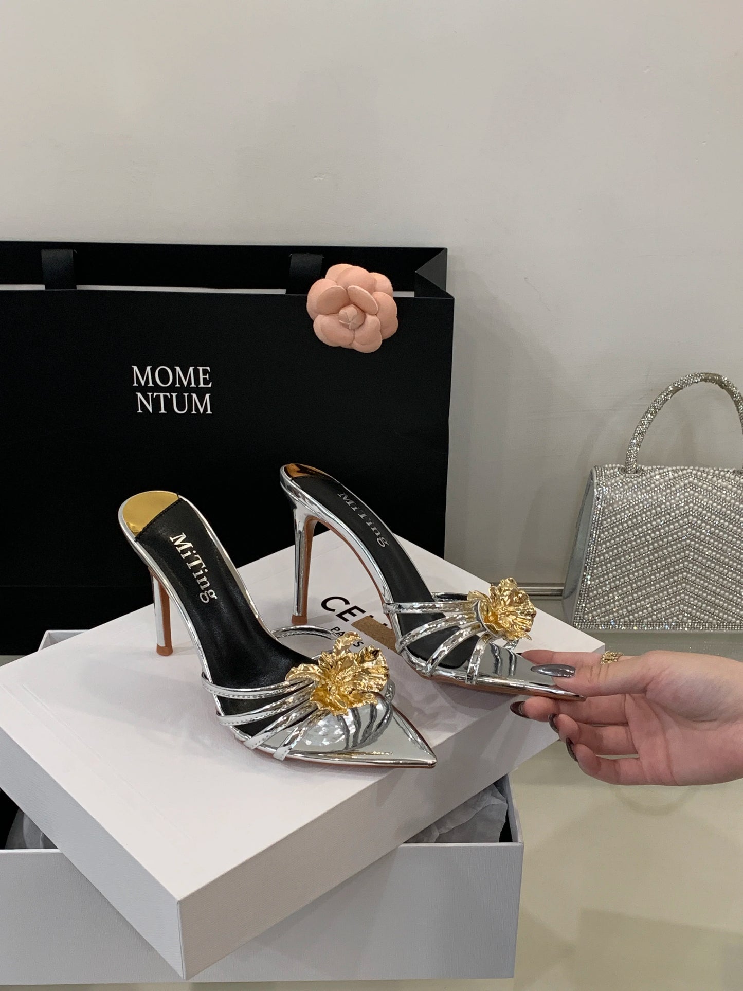 Metal look Flower Open Toe Mule High Heel Sandals