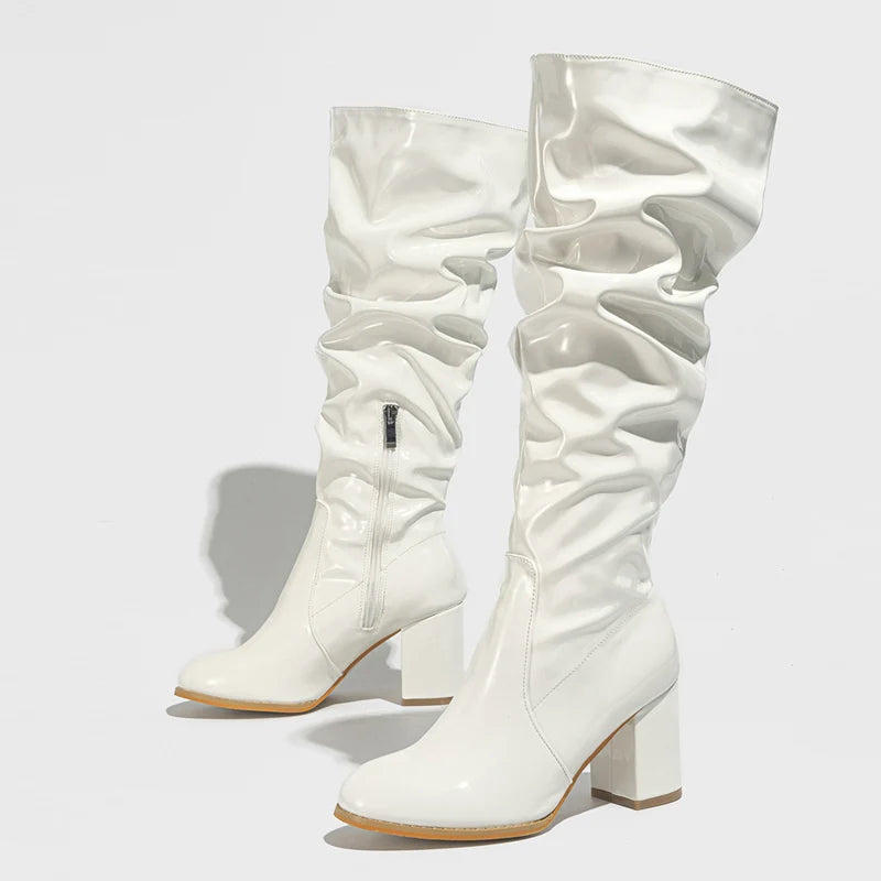 New Fashion Round Toe Motorcycle Knee High Boots White