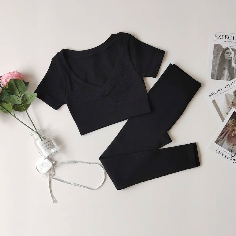 Short Sleeve round neck crop bralette High Waist Leggings Gym Fitness Set Black