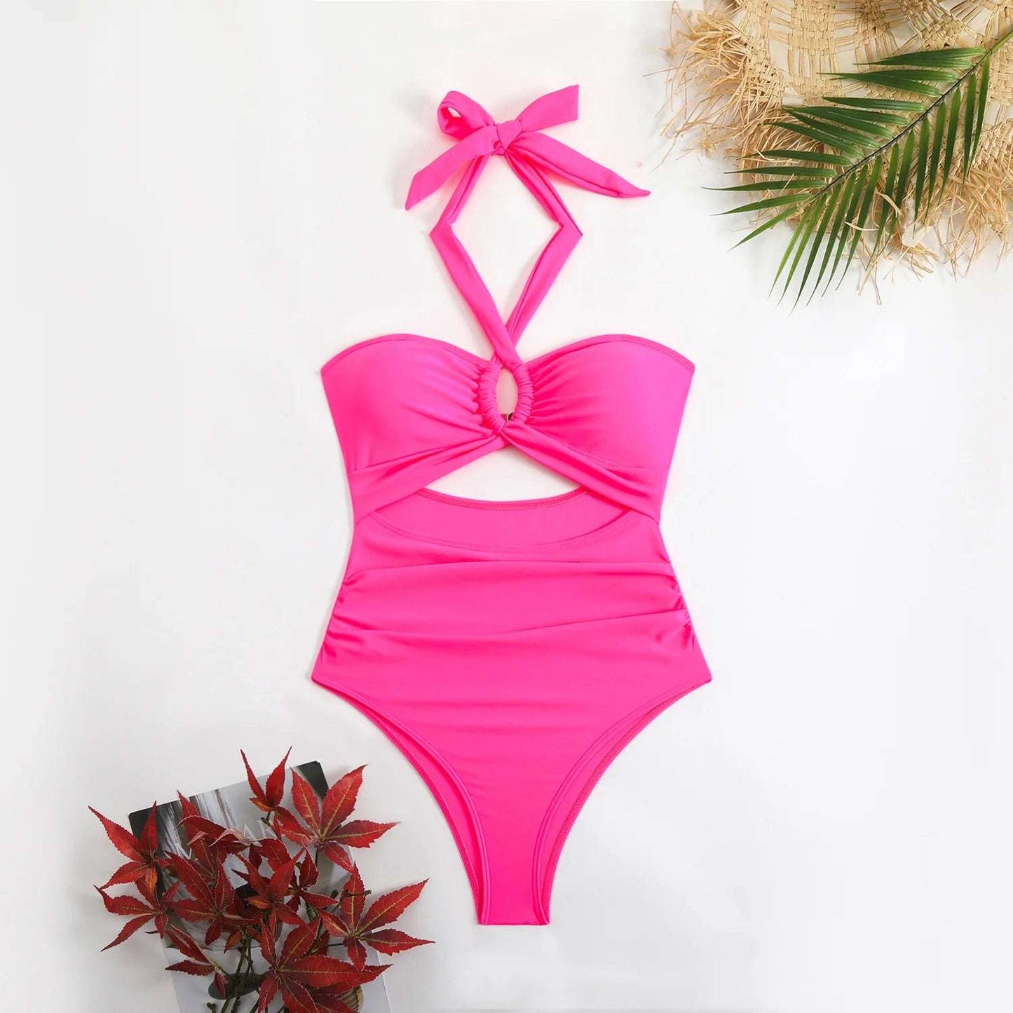 Hollow Out Push Up halter neck one piece swimsuit rose Red