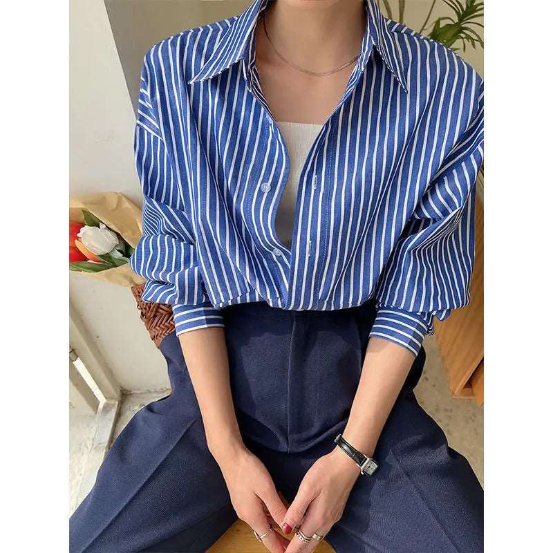 Blue Striped Chiffon Blouse Shirt for Women