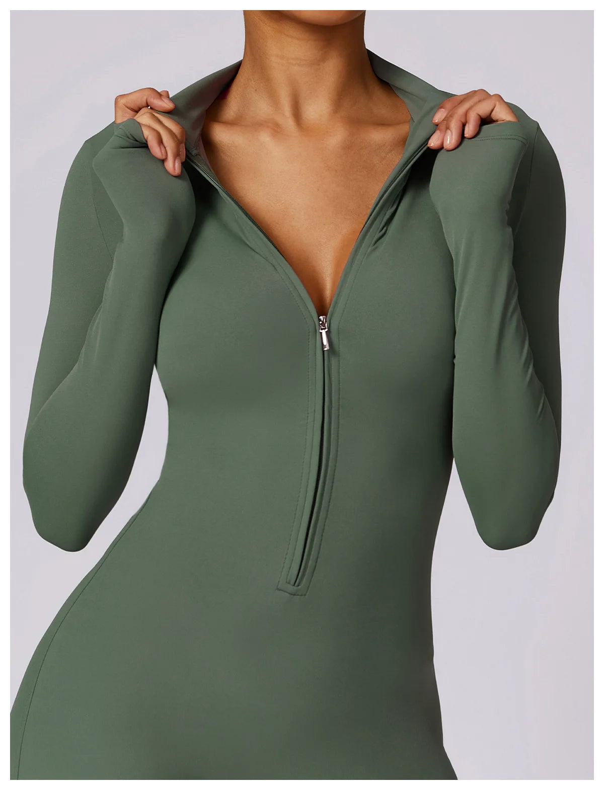 Zipper long sleeve Elastic One-Piece gym workout Bodysuit