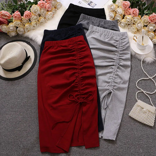 Women Solid Drawstring Sheath Skirts