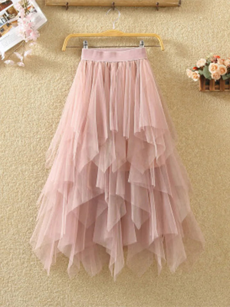 Irregular Elastic High Waist Mesh Tulle Skirt Pink One Size